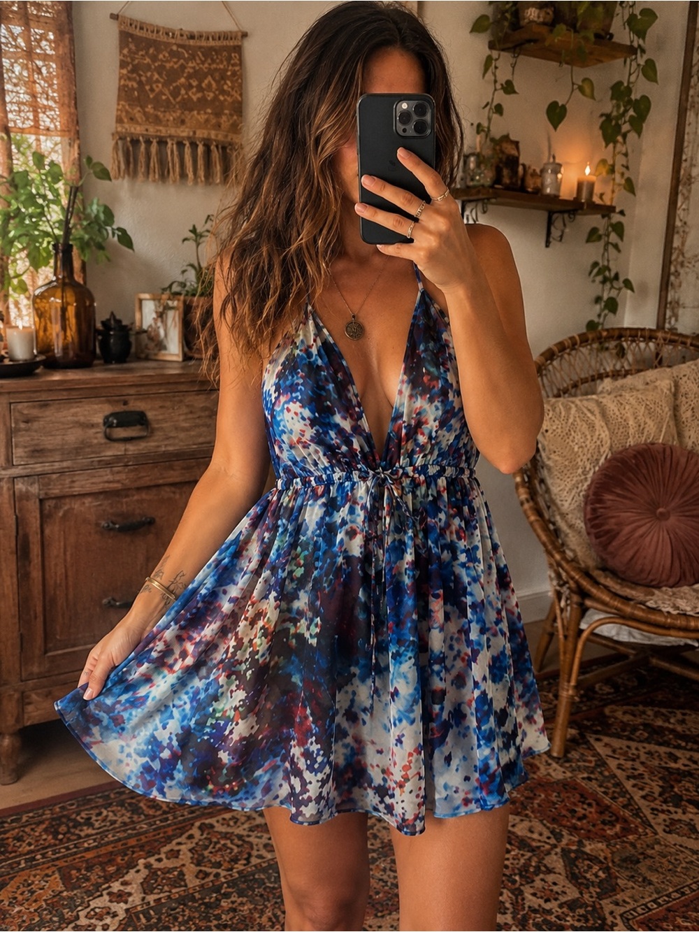 Blue Floral Spaghetti-Strap Mini Dress